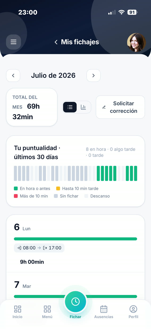 Mis fichajes: total de horas del mes y puntualidad